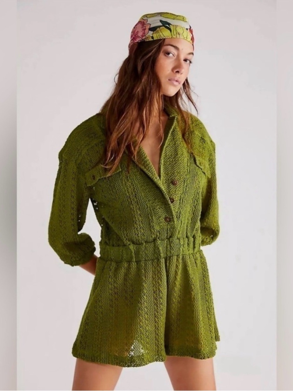 Free People Beach Ryan Crochet Romper in Sea Serpent